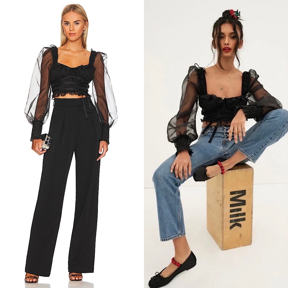 NEW LOVE & LEMONS Organza Puff Long Sleeve Ruffle Sweetheart‎ Neck Crop Top XS